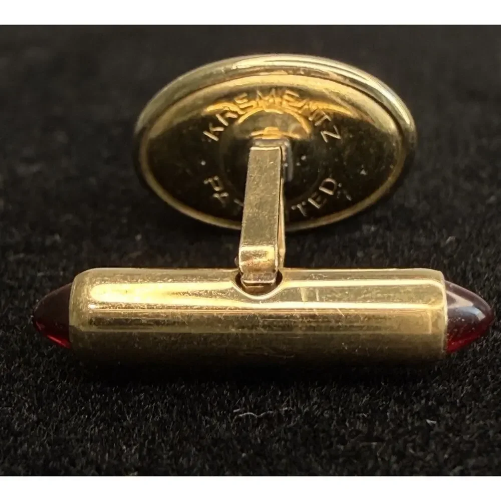 Vtg Krementz Gold Overlay Cuff Links Garnet Colored Glass Cabochon Jeweled Flips